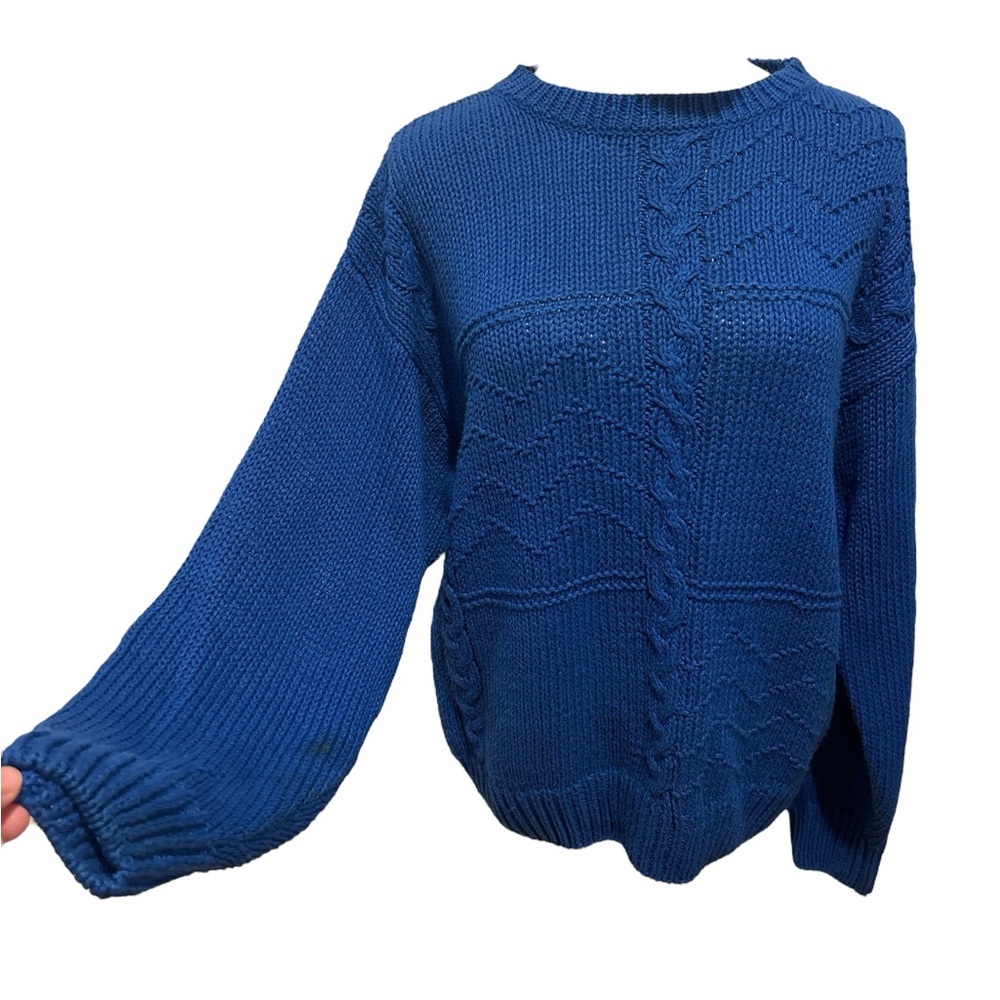 80s BLUE COTTON HAND KNIT DROP SHOULDERS & DOLMAN SLEEVES CABLE KNIT WINDCREST L